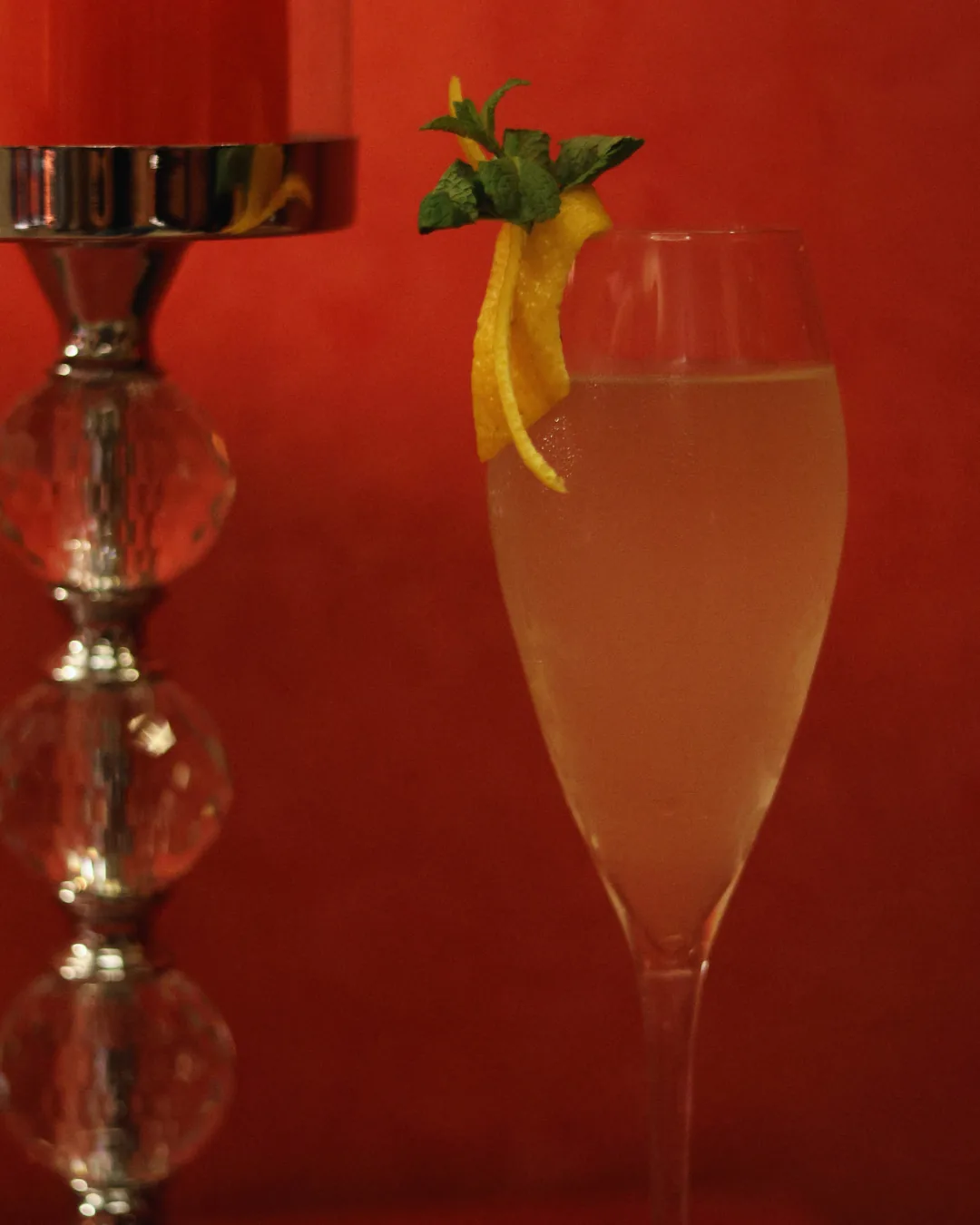 Sparkling cocktail in a champagne flute with lemon peel and mint, Obscura Tirana
