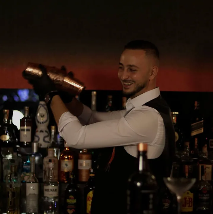 Bartender shaking a cocktail behind the bar at Obscura, Blloku, Tirana